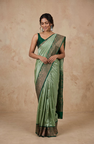 Pista Green Silk Saree with Floral Creeper Borders