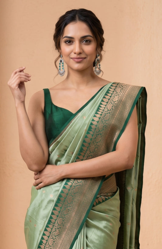 Pista Green Silk Saree with Floral Creeper Borders