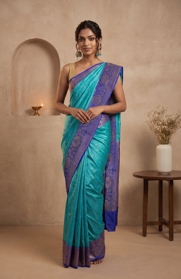 Sea Green Banaras Katan Silk Saree with Flower Butta