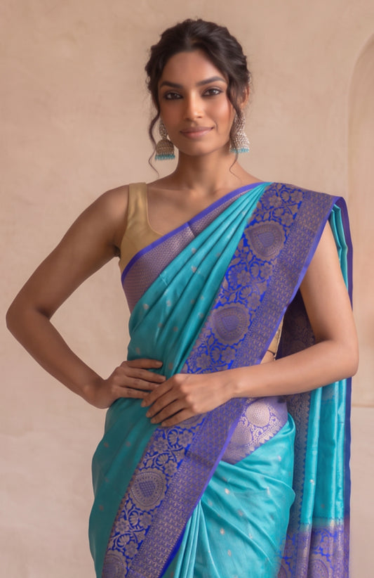 Sea Green Banaras Katan Silk Saree with Flower Butta