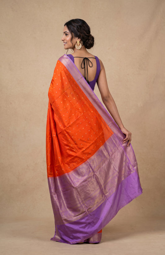 Orange Banaras Katan Silk Saree with Lavender Floral Zari Pallu