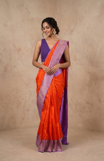 Orange Banaras Katan Silk Saree with Lavender Floral Zari Pallu