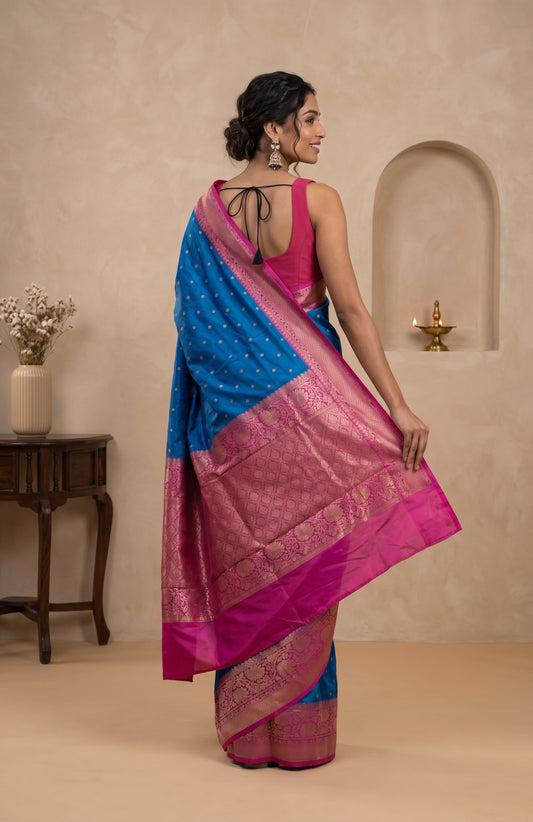 Peacock Blue Banaras Katan Silk Saree with Pink Floral Pallu