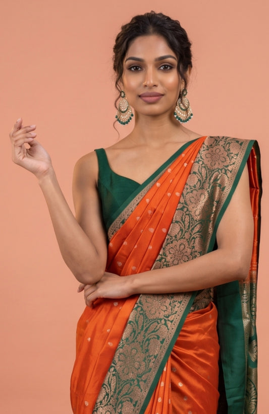 Orange Banaras Silk Saree with Floral Creepers