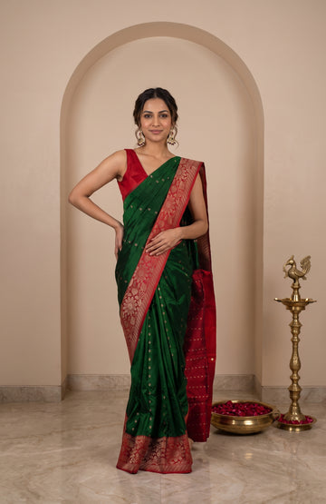 Green Banaras Katan Silk Saree with Maroon Floral Zari