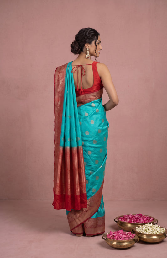 Sea Green Banaras Katan Silk Saree with Red Floral Design