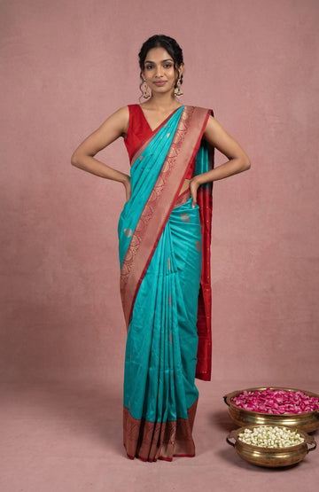 Sea Green Banaras Katan Silk Saree with Red Floral Design