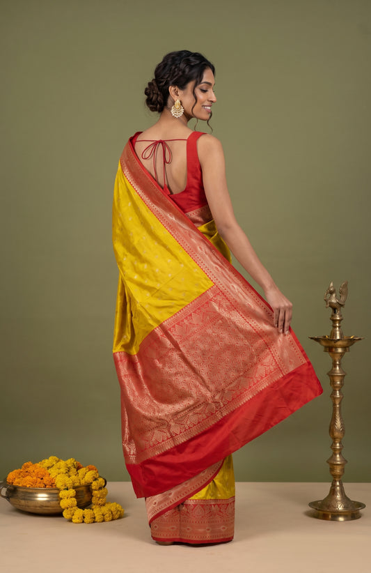 Neon Yellow Banaras Katan Silk Saree with Red Floral Zari