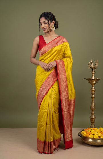 Neon Yellow Banaras Katan Silk Saree with Red Floral Zari
