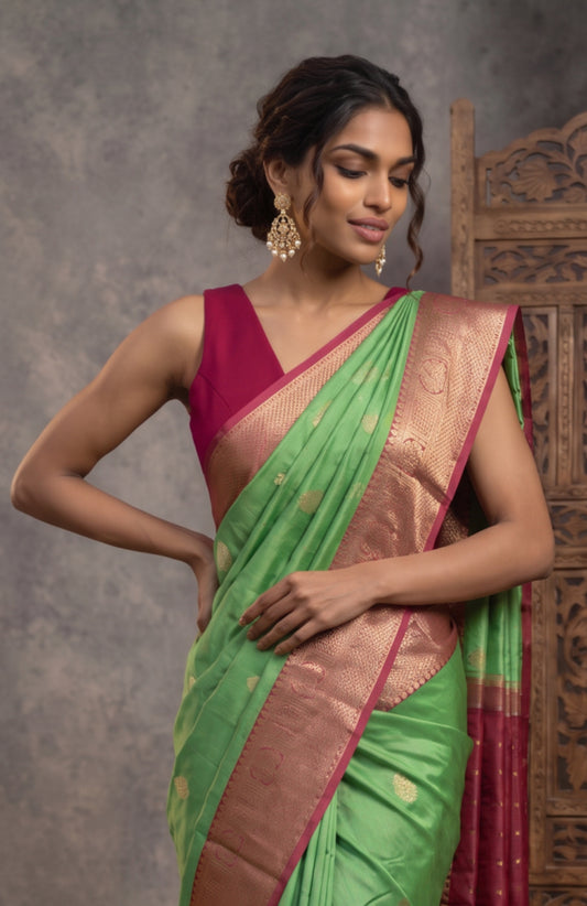 Green Banaras Katan Silk Saree with Onion Pink Zari Pallu