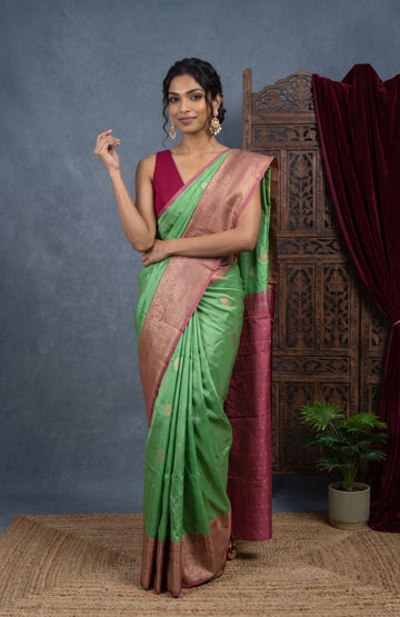 Green Banaras Katan Silk Saree with Onion Pink Zari Pallu