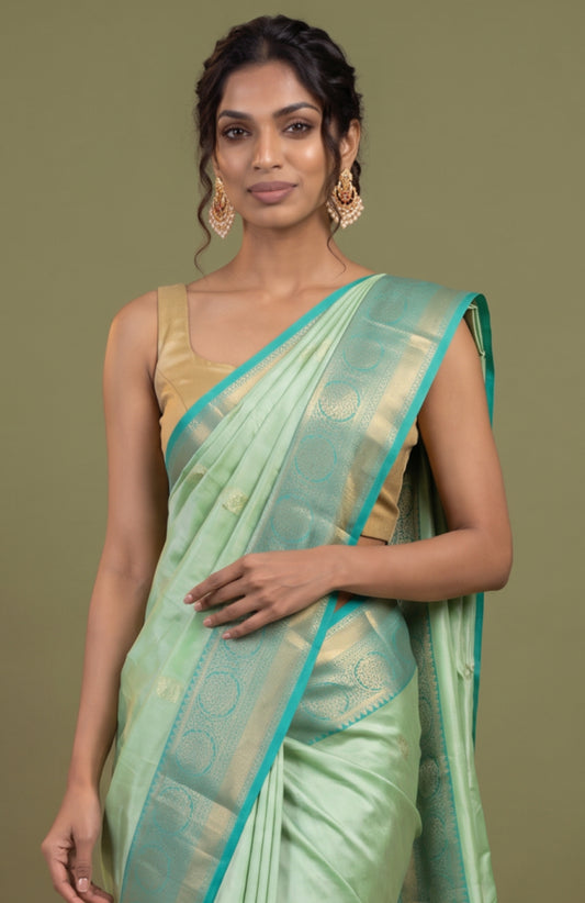 Pista Green Banaras Katan Silk Saree with Tree Motifs