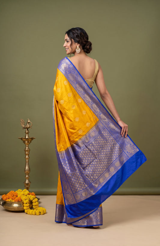 Yellow Banaras Silk Saree with Rudraksha Zari Pallu