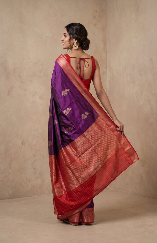 Magenta Banaras Silk with Striped Floral Pallu