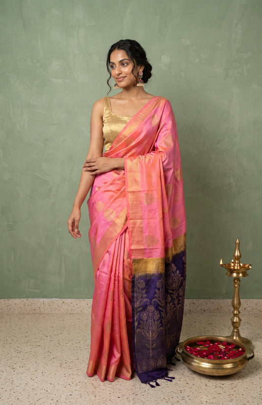 Blush Pink Soft Silk Saree with Floral Elegance