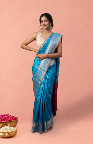 Sky Blue Soft Silk Saree with Mayil & Tree Motifs