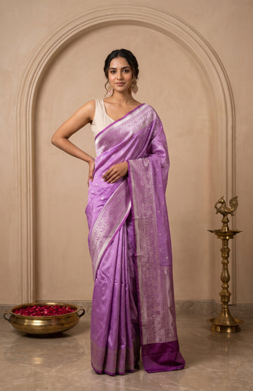 Violet Soft Silk Saree with Silver Zari Butta