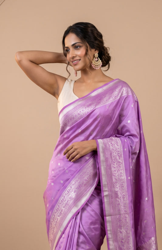 Violet Soft Silk Saree with Silver Zari Butta
