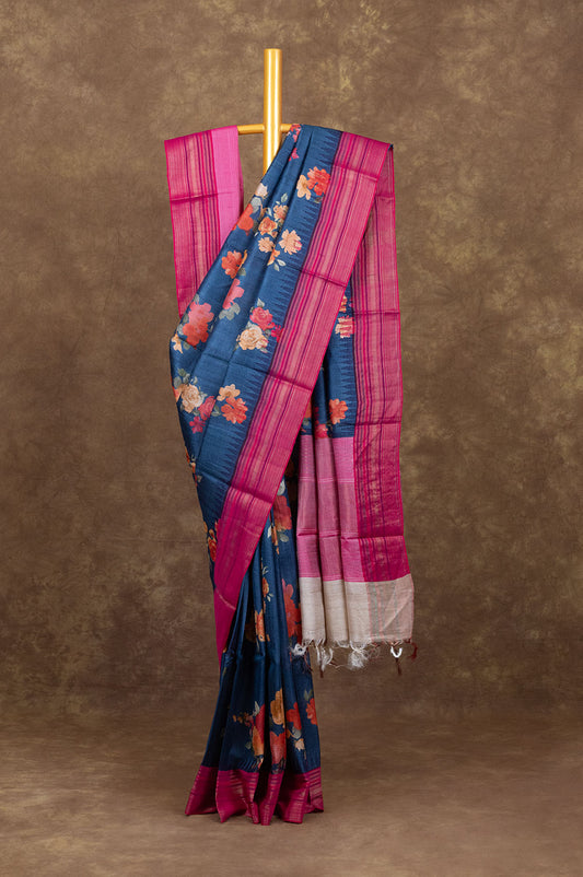 Indigo Blue Tussar Silk Saree