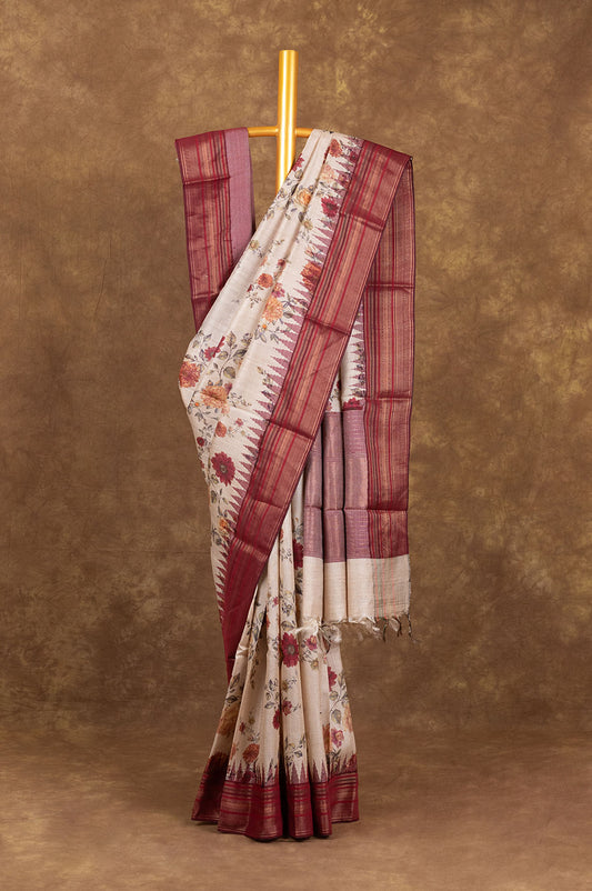 Off-White Tussar Silk Saree