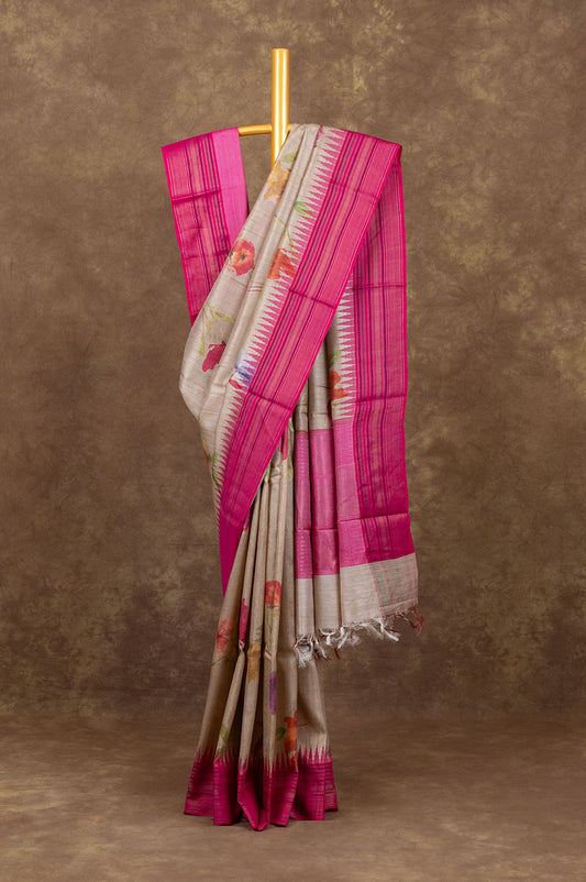 Cream Tussar Silk Saree