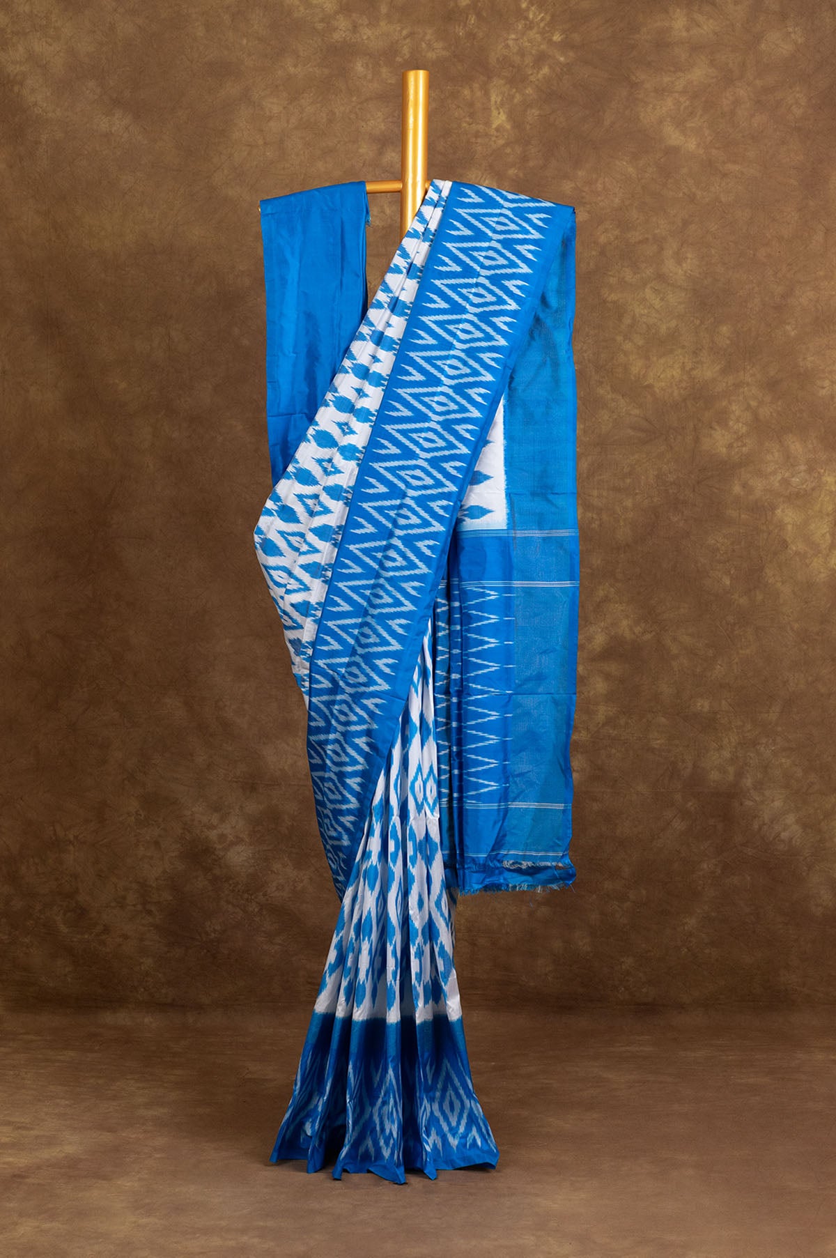 White and Ananda Blue Ikat Silk Saree