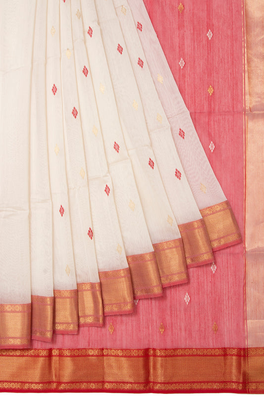 Off-White And Maroon Maheswari Silk Cotton Saree