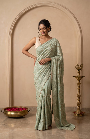 Pista Green Banarasi Georgette Saree with Chikankari Paisley Motifs