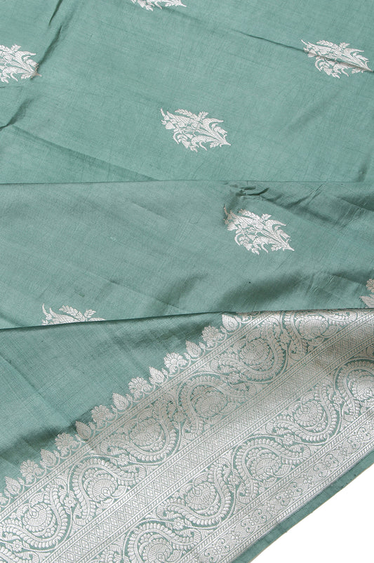 Pista Green Chiniya Silk Saree with Diamond Border Butta