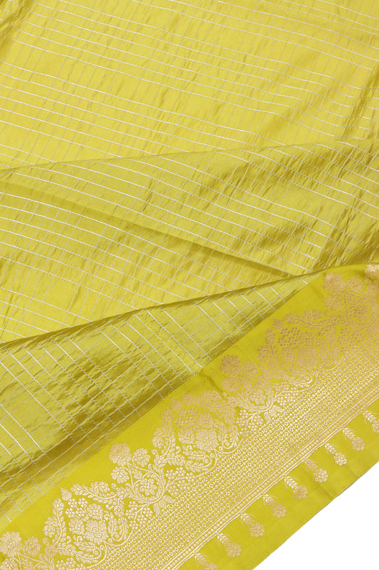Neon Green Chiniya Silk Saree with Striped Blouse