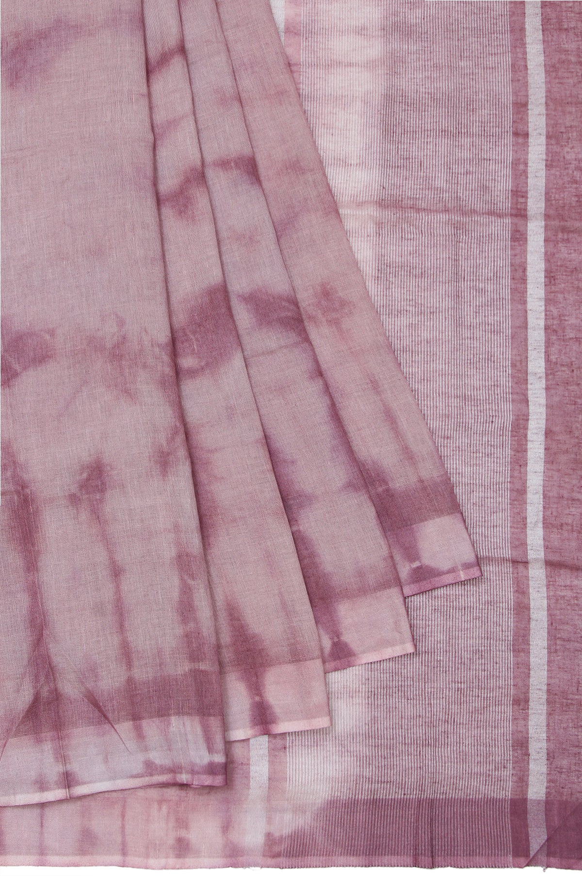 Onion Pink Linen Cotton Saree with Batik Print and Silver Zari Stripes