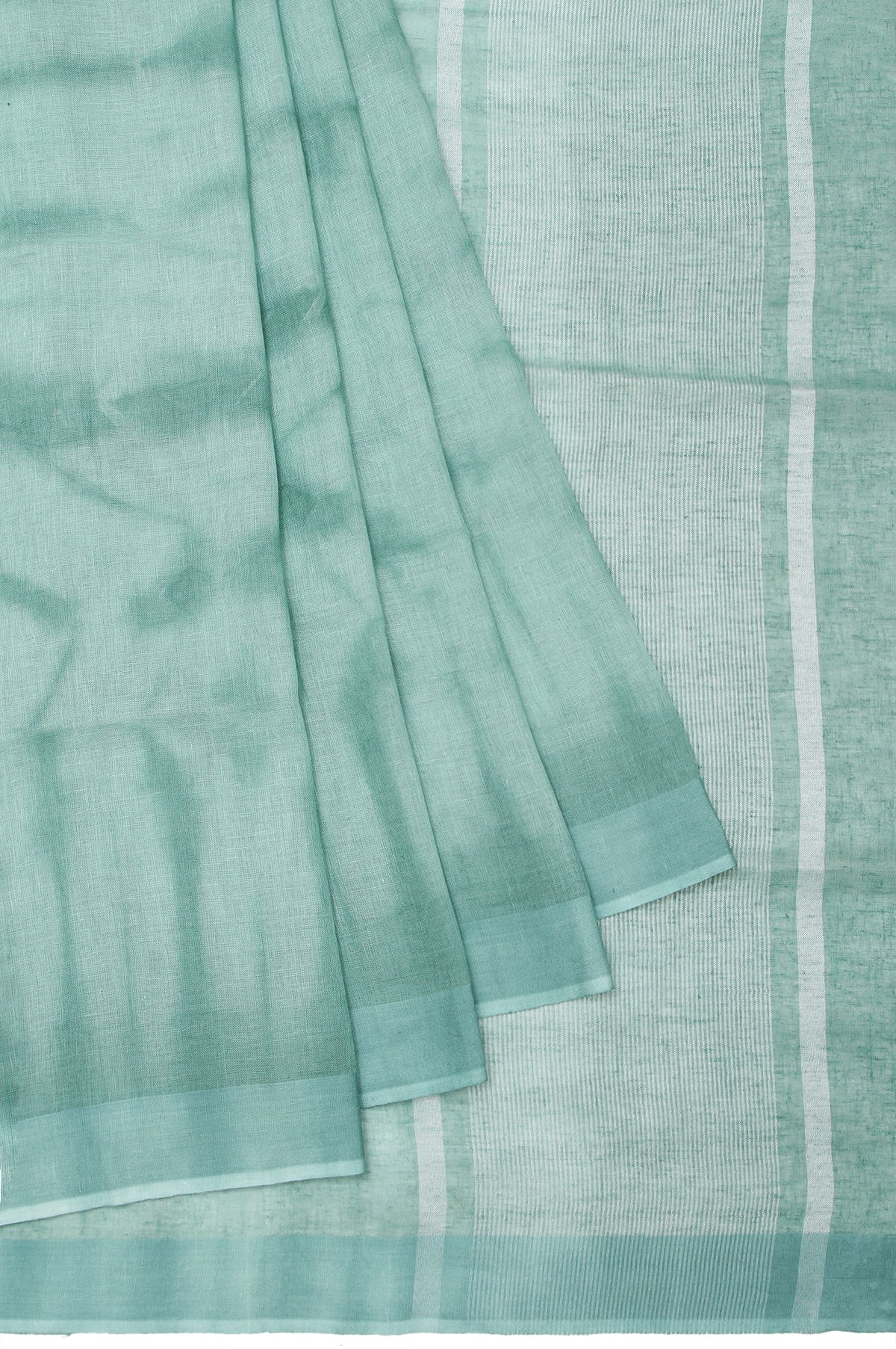 Green Linen Cotton Saree with Batik Print and Silver Zari Stripes