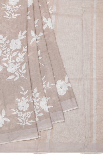 Beige Linen Cotton Saree with Printed Flower Design