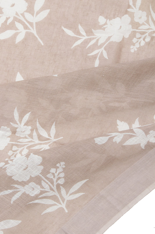 Beige Linen Cotton Saree with Printed Flower Design