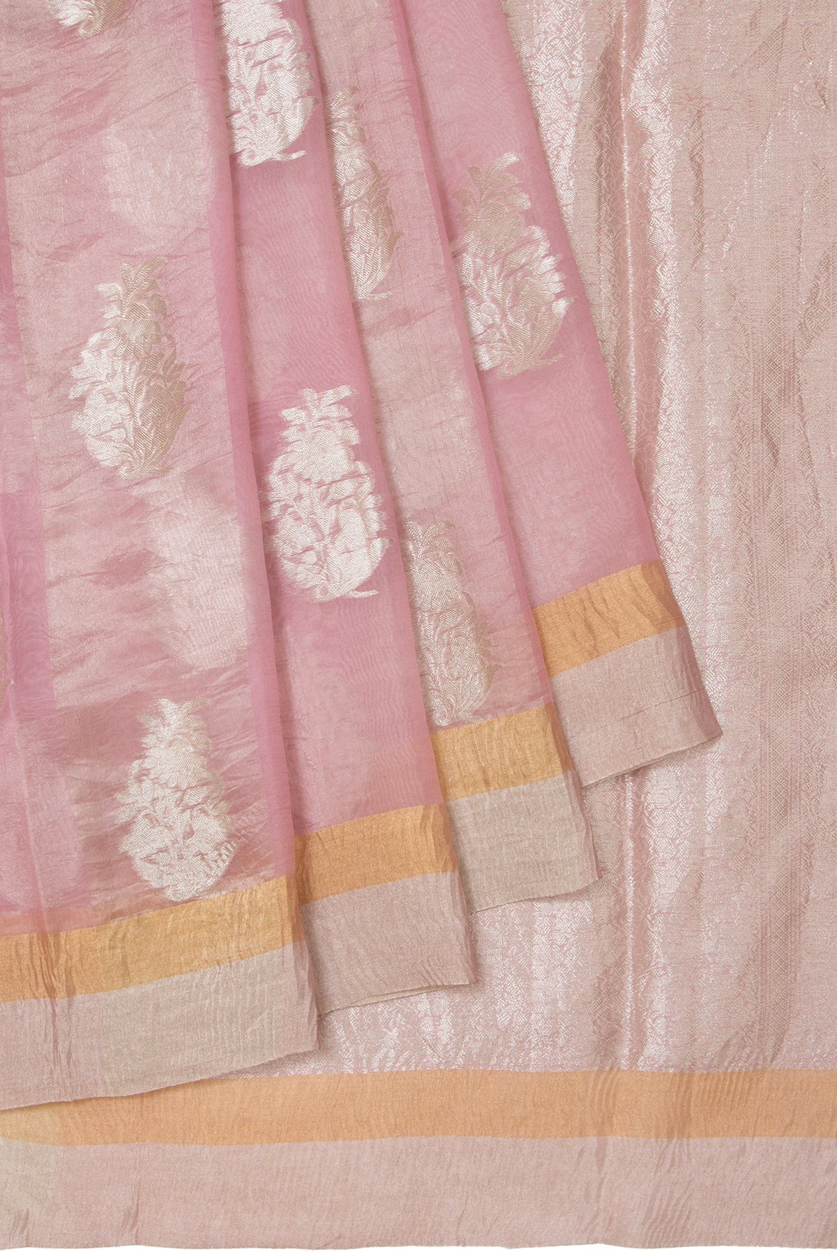 Pink Organza Silk Saree with Crush Tissue Border