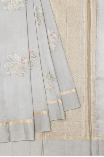 Ash Chiniya Silk Saree with Plain Border