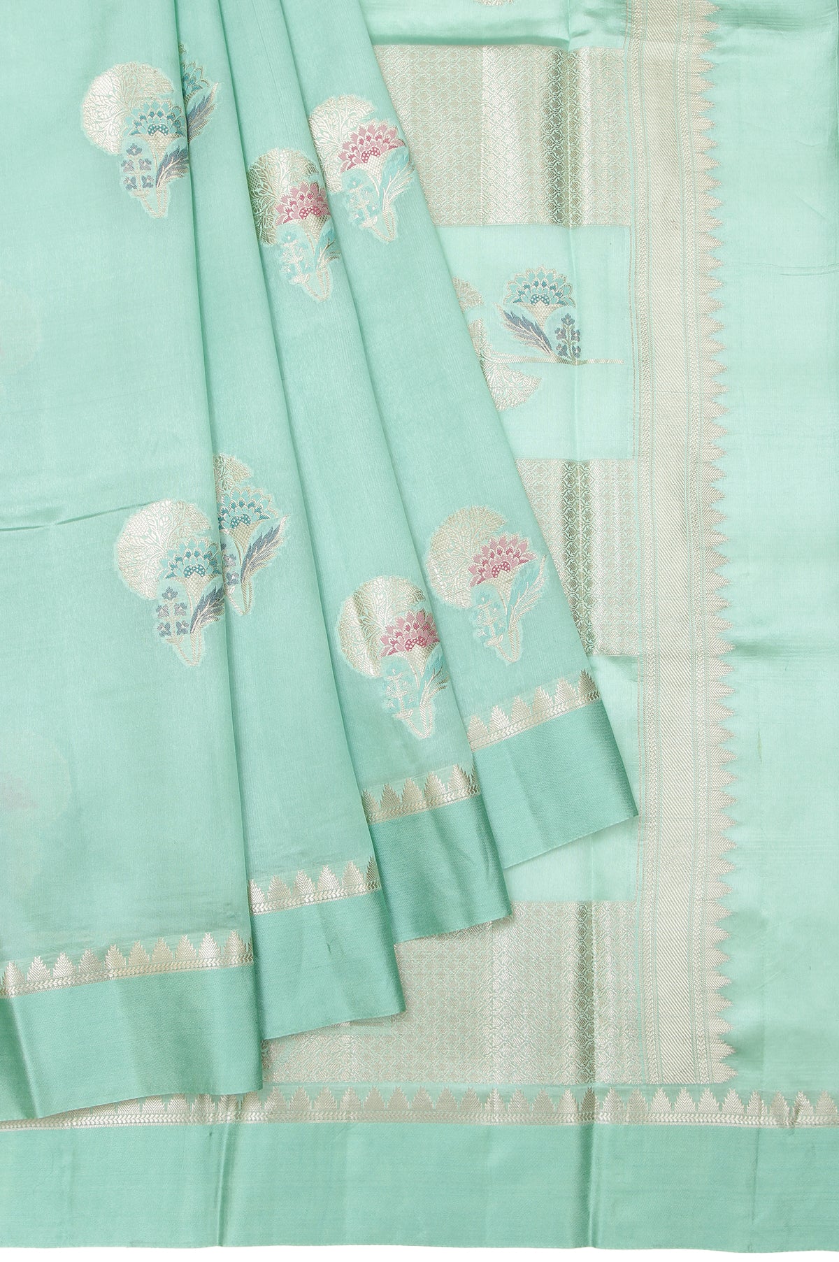 Sea Green Chiniya Silk Saree with Flower Design