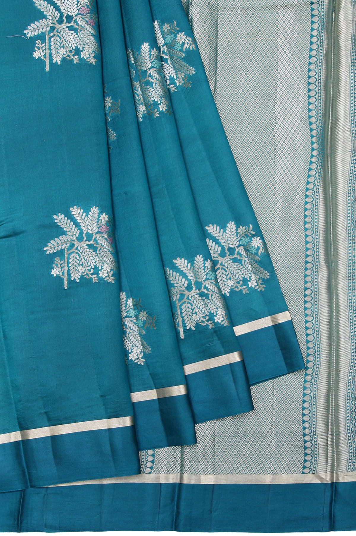 Peacock Blue Chiniya Silk Saree with Temple Border