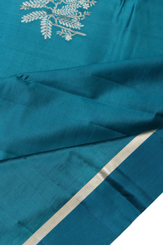 Peacock Blue Chiniya Silk Saree with Temple Border