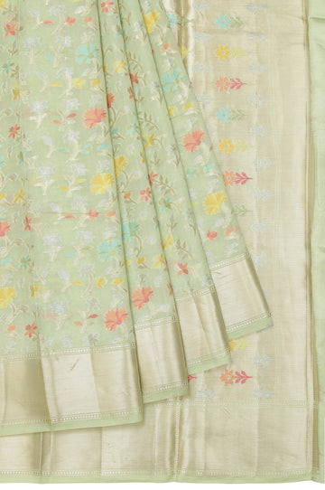 Parrot Green Chiniya Silk Saree with Leaf Butta Border Blouse