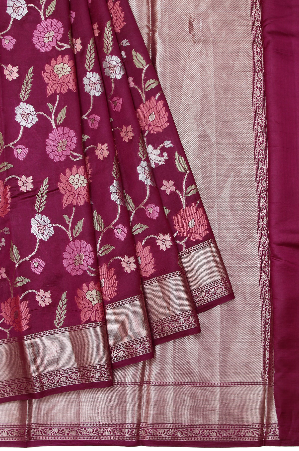 Magenta Chiniya Silk Saree with Floral Creeper Border