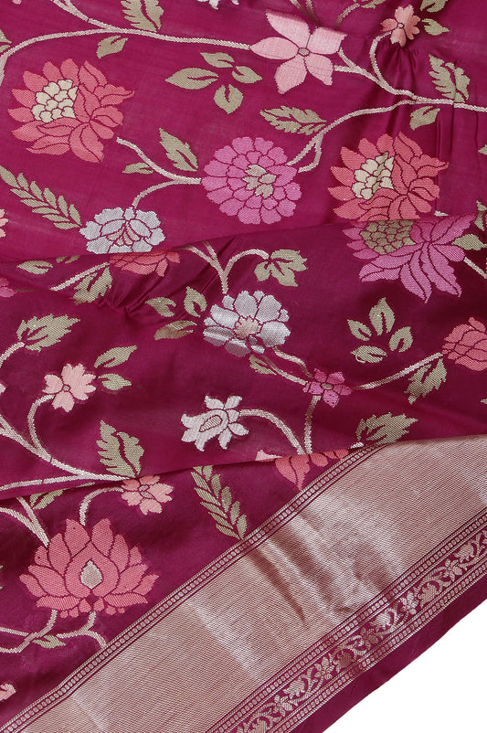 Magenta Chiniya Silk Saree with Floral Creeper Border