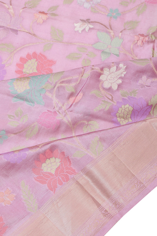 Onion Pink Chiniya Silk Saree with Floral Creeper Blouse