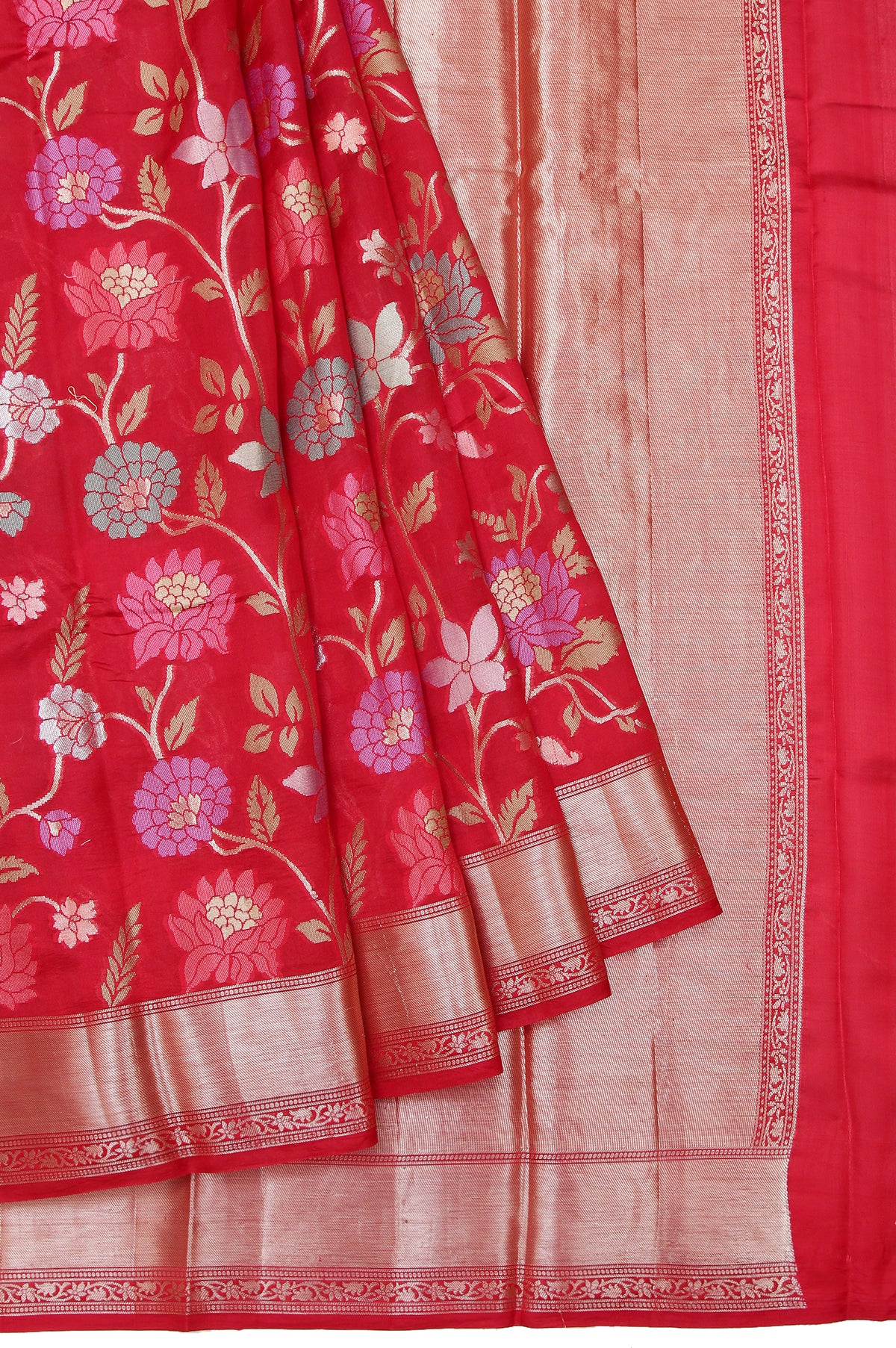 Red Chiniya Silk Saree with Gold Zari Pallu