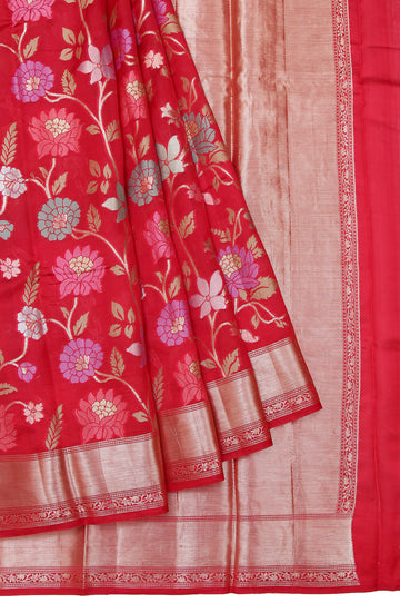 Red Chiniya Silk Saree with Gold Zari Kaddi Border