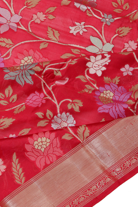 Red Chiniya Silk Saree with Gold Zari Kaddi Border