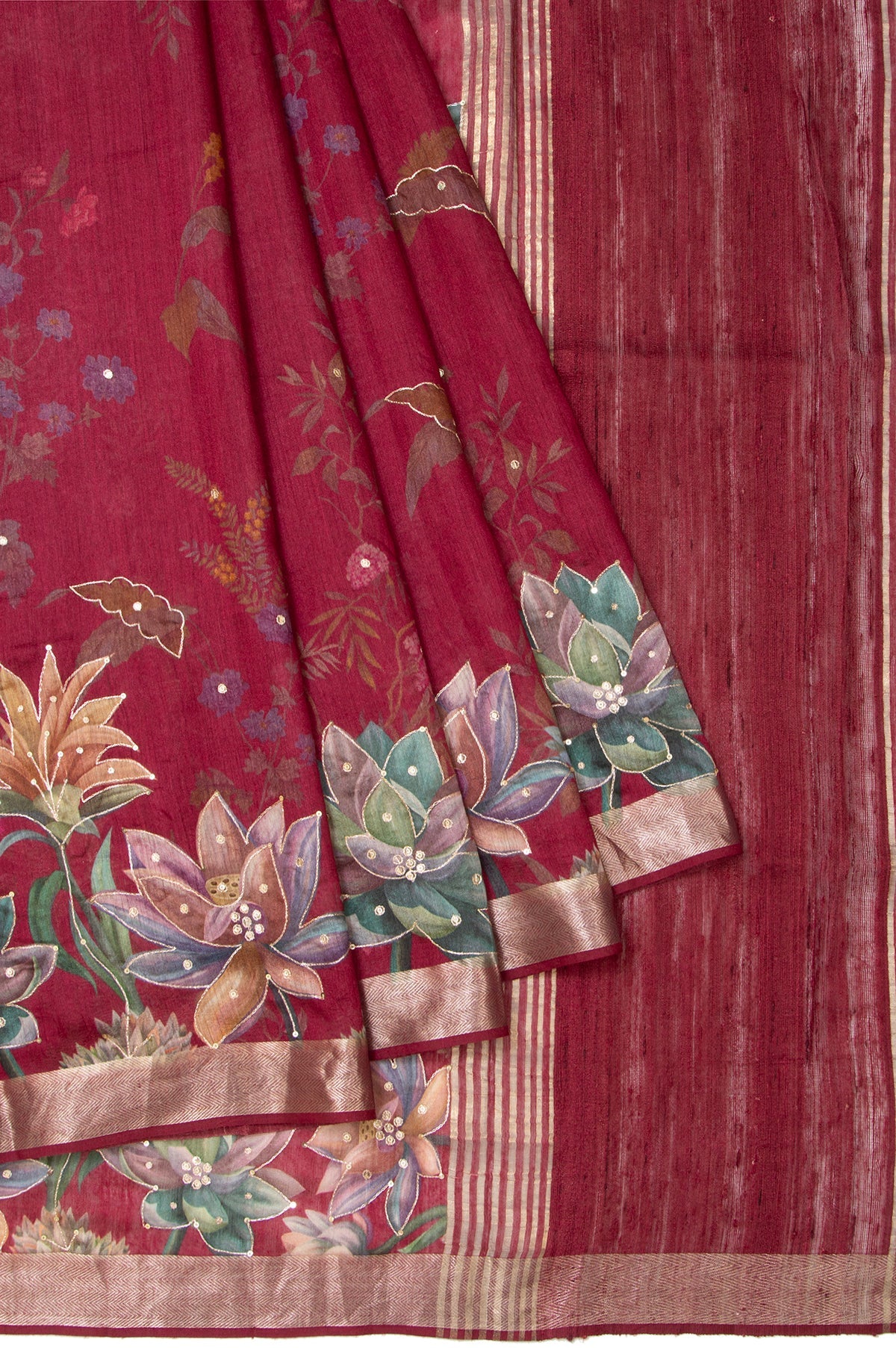 Maroon Floral Tussar Silk Saree with Thread Work