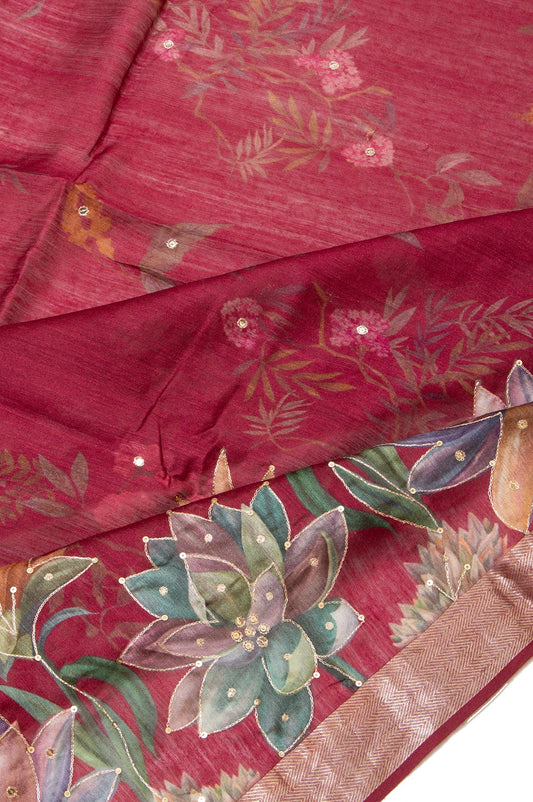 Maroon Floral Tussar Silk Saree with Thread Work