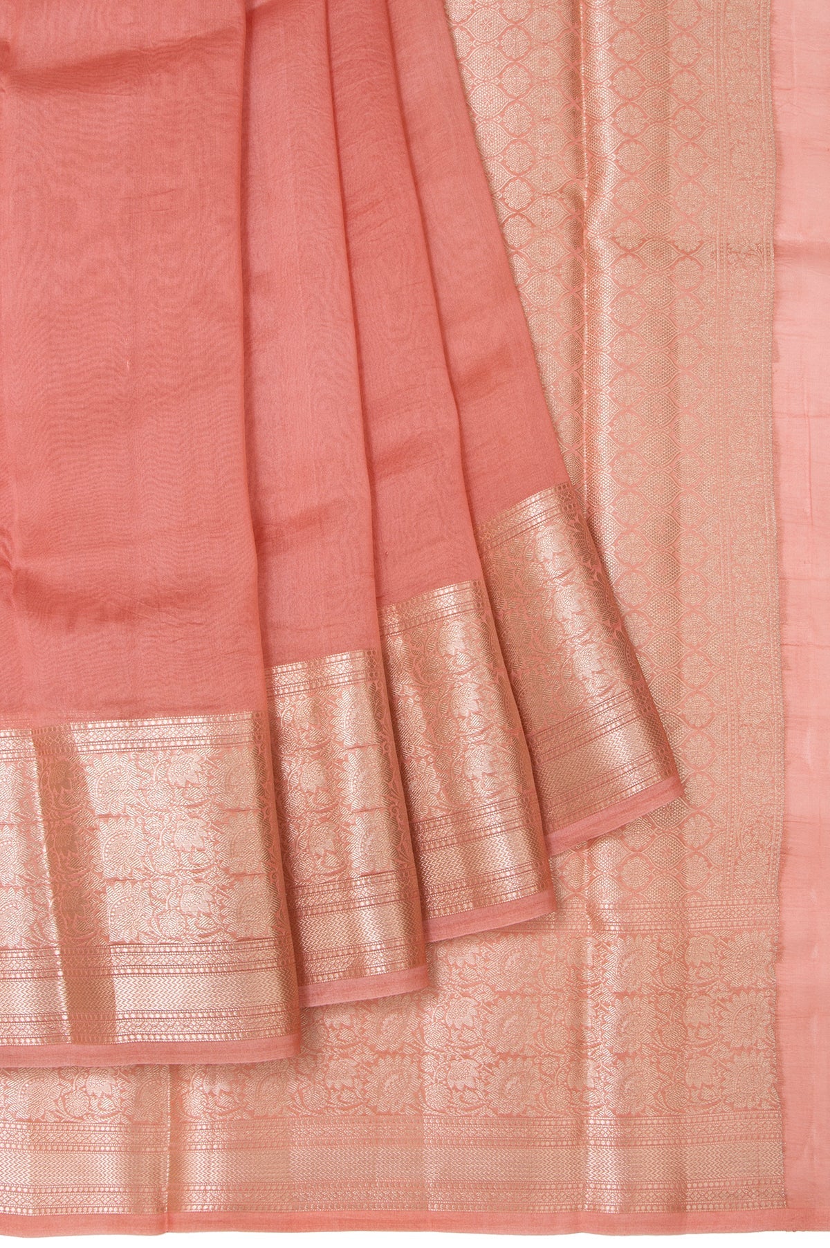 Plain Peach Organza Silk Saree with Gold Zari