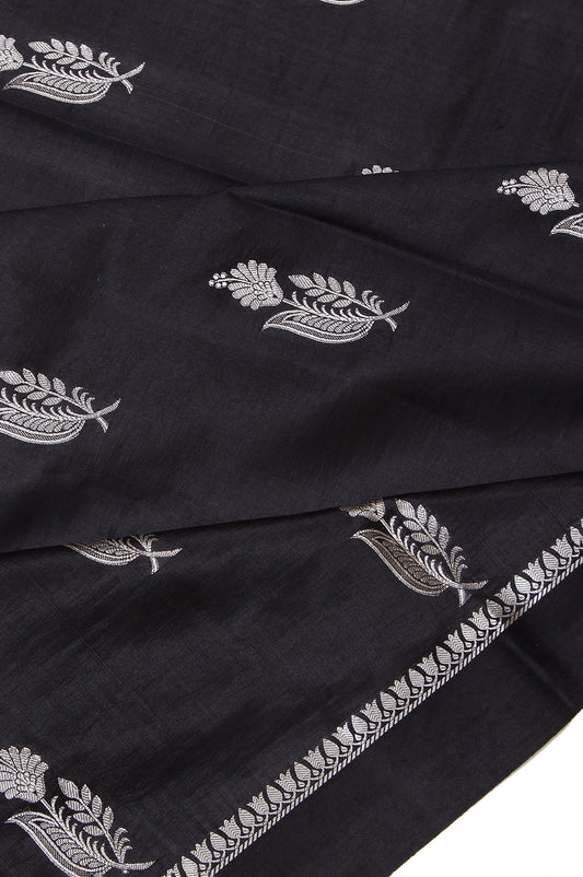 Black Chiniya Silk Saree with Flower Border Blouse